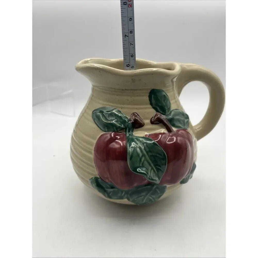 Pitcher & 2 Salt Pepper Shaker 3D Apple & Leaves Green Red Beige Ceramic pre-own
